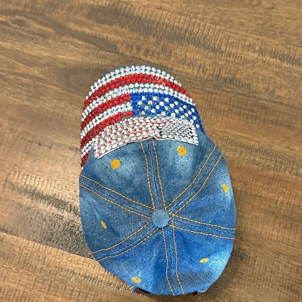 Denim Cap with American Flag Rhinestones - Picture 3 of 7